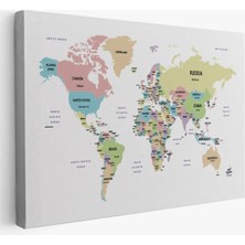 Beta Moda Hub Dünya Haritası Dekoratif Kanvas Tablo Ülke ve Başkentli
