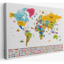 Beta Moda Hub Dünya Haritası Ülke Bayraklı ve Başkentli Kanvas Tablo