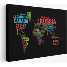 Beta Moda Hub Siyah Zeminli Ülke Isimli Dünya Haritası Kanvas Tablo
