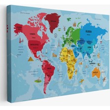 Beta Moda Hub Türkçe Dünya Haritası Sembollü ve Okyanuslu Dekoratif Kanvas Tablo