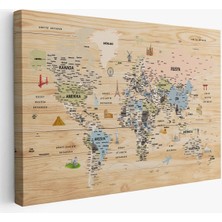 Beta Moda Hub Ahşap Görünümlü Türkçe Dünya Haritası Sembollü Eğitici Kanvas Tablo