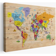 Beta Moda Hub Ahşap Görünümlü Türkçe Dünya Haritası Sembollü Eğitici Dekoratif Kanvas Tablo