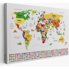 Beta Moda Hub Türkçe Dünya Haritası Ülke Bayrak ve Başkentli Kanvas Tablo
