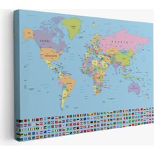 Beta Moda Hub Dünya Haritası Bayraklı Dekoratif Kanvas Tablo