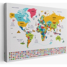 Beta Moda Hub Türkçe Dünya Haritası Ülke Bayrak ve Başkentli Kanvas Tablo