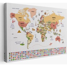 Beta Moda Hub Türkçe Dünya Haritası Ülke Bayrak ve Başkentli Kanvas Tablo