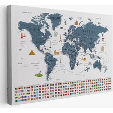 Beta Moda Hub Dünya Haritası Ayrıntılı Eğitici Sembollü Bayraklı Dekoratif Kanvas Tablo