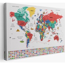 Beta Moda Hub Türkçe Dünya Haritası Ayrıntılı Eğitici Sembollü Bayraklı Dekoratif Kanvas Tablo
