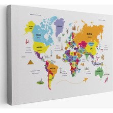 Beta Moda Hub Türkçe Dünya Haritası Kanvas Tablo Ülke-Başkentli Öğretici ve Sembollü