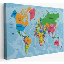 Beta Moda Hub Dünya Haritası Ülke Başkentli Okyanuslu ve Dekoratif Kanvas Tablo