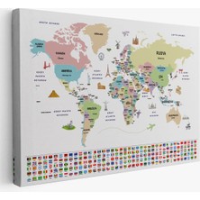 Beta Moda Hub Türkçe Dünya Haritası Ülke Bayrak ve Başkentli Kanvas Tablo