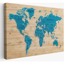 Beta Moda Hub Ahşap Görünümlü Dünya Haritası Ayrıntılı ve Dekoratif Kanvas Tablo