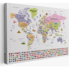 Beta Moda Hub Dünya Haritası Ayrıntılı Eğitici Sembollü Bayraklı Dekoratif Kanvas Tablo