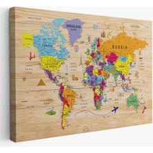 Beta Moda Hub Ahşap Görünümlü Dünya Haritası Sembollü Eğitici ve Öğretici Dekoratif Kanvas Tablo