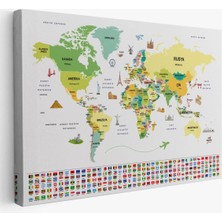 Beta Moda Hub Türkçe Dünya Haritası Ülke Bayrak ve Başkentli Kanvas Tablo