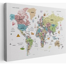 Beta Moda Hub Türkçe Dünya Haritası Son Derece Ayrıntılı Eğitici ve Sembollü Kanvas Tablo