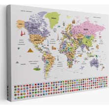 Beta Moda Hub Türkçe Dünya Haritası Ayrıntılı Eğitici Sembollü Bayraklı Dekoratif Kanvas Tablo