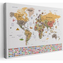 Beta Moda Hub Dünya Haritası Ayrıntılı Eğitici Sembollü Bayraklı Dekoratif Kanvas Tablo