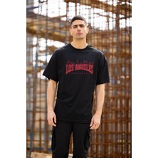 Erkek  Bisiklet Yaka Baskılı Oversize T-Shirt - Siyah