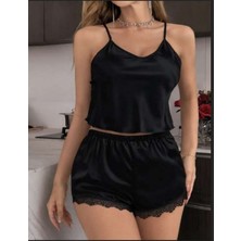 Bleu Petite Siyah Saten Kumaş Dantelli Şortlu Pijama Takım