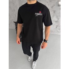 Tarz Yeri Bisiklet Yaka Baskılı Oversize T-Shirt - Siyah