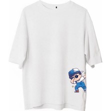 Erkek Bisiklet Yaka Baskılı Oversize T-Shirt - Beyaz