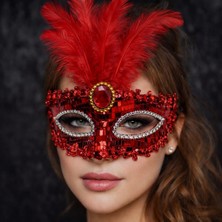 AyrStore Buğz Lüks Kırmızı Tüylü Taşlı Balo Maskesi