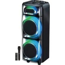 Avcı Teknoloji Market Çift 8 Inç Dev Hoparlörlü Karaoke Bluetooth Ses Sistemi Mikrofonlu Kablosuz Işıklı Kule Speaker