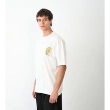 Erkek Bisiklet Yaka Baskılı Oversize T-Shirt - Beyaz