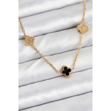 Tiklad 316L Çelik Zincir Gold Renk Siyah ve Zirkon Taşlı Baby Boy Yonca Kadın Kolye