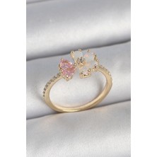 Tiklad Pirinç Gold Renk Beyaz Mineli Pembe Zirkon Taşlı Çiçek Model Kadın Yüzük