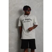 Erkek Oversize Baskılı Bisiklet Yaka  kısa Kol T-Shirt - Gri