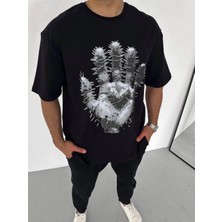 Erkek Bisiklet Yaka Baskılı Oversize T-Shirt - Siyah
