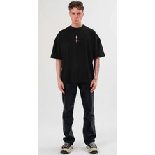 Erkek  Bisiklet Yaka Baskılı Oversize T-Shirt - Siyah