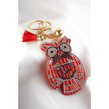 Euromoda Kırmızı Baykuş Tasarımlı Taşlı Boncuklu Parlak Klipsli Anahtarlıklı Aksesuar