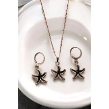 Euromoda Siyah Deniz Yıldızı Tasarımlı Kolye Küpe Takı Seti