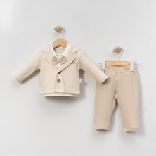 Bebeva Baby Erkek Bebek Bej Jakarlı Papyonlu Ceket, Gömlek ve Pantolon 3'lü Özel Gün Takımı