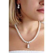 Euromoda Özel Tasarımlı Inci ve Zirkon Taşlı Kolye Küpe Takı Set