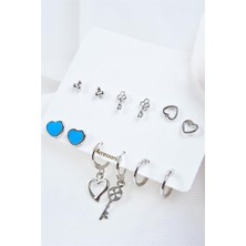 Euromoda Kalp ve Anahtar Tasarımlı Halka ve Top Küpeli 12LI Küpe Seti