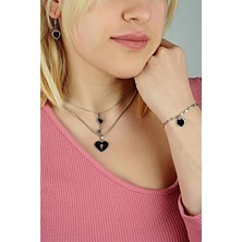 Euromoda Siyah Kalp Tasarımlı 2li Zincirli Kolye Küpe ve Bileklik Takımı