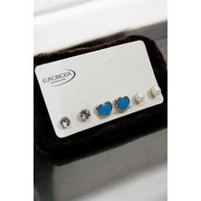 Euromoda Kalp Tasarımlı Tektaş ve Inci Küpeli 3lü Küpe Seti