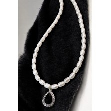 Euromoda Desenli Incili Damla Zirkon Taşlı Tasarımlı Gümüş Kaplamalı Inci Kolye