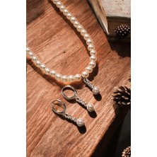 Euromoda Damla Tasarımlı Siyah ve Zirkon Taşlı 6mm Inci Kolye Küpe Bijuteri Takım Seti