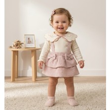Bebeva Baby Kız Bebek Pudra Pembe Jakarlı Askılı Etek ve Bebe Yaka Uzun Kollu Body 2'li Kombin Elbise Takım