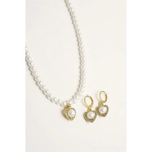 Euromoda Kalp Tasarımlı Inci Boncuklu Kolye Küpe Takı Seti