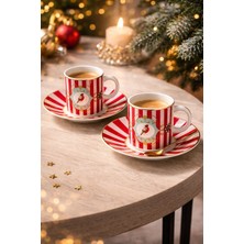 Morponi 2'li Retro Kuş Desenli Kırmızı Çizgili Türk Kahvesi Fincanı Seti 90 cc