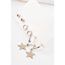 Euromoda Yıldızlı Halkalı ve Top Küpeli Vidalı Metal Küpe Seti