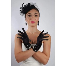 Hayalperest Boncuk Siyah Kısa Incili Gelin Eldiveni Düğün Nikah Aksesuarı Fascinator Şapka Seti