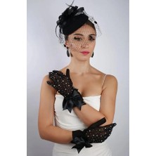 Hayalperest Boncuk Siyah Tül Taşlı Abiye Eldiven ve Tüylü Fascinator Şapka Seti