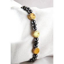 Euromoda Ay Yıldızlı Gold ve Füme Taşlı Unisex Taşl Boncuklu Bileklik